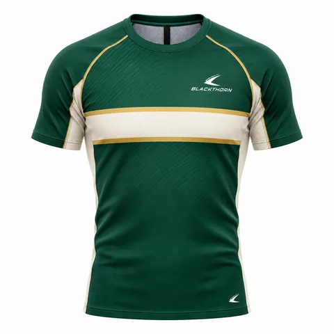 Emerald Heritage rowing top front view, bottle green with cream band and gold pinstripes, boat club rowing top