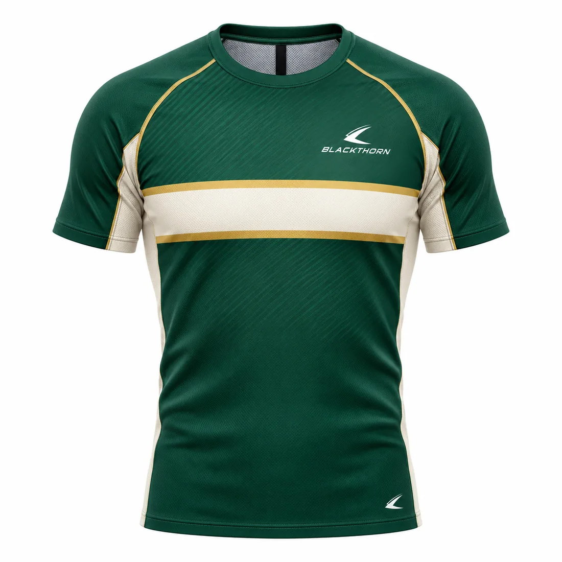 Emerald Heritage rowing top front view, bottle green with cream band and gold pinstripes, boat club rowing top
