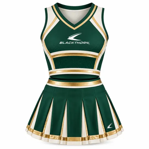 Emerald Heritage Cheer Crop Top Set front view, green and gold custom cheer crop top and pleated skirt