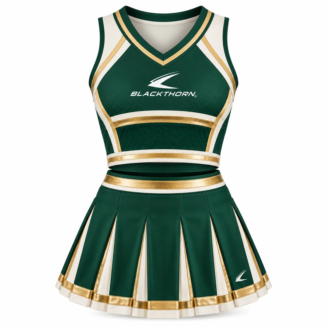 Emerald Heritage Cheer Crop Top Set front view, green and gold custom cheer crop top and pleated skirt