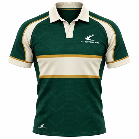 Emerald Heritage Rugby Jersey front view, bottle green with cream chest hoop and gold pinstripes - classic