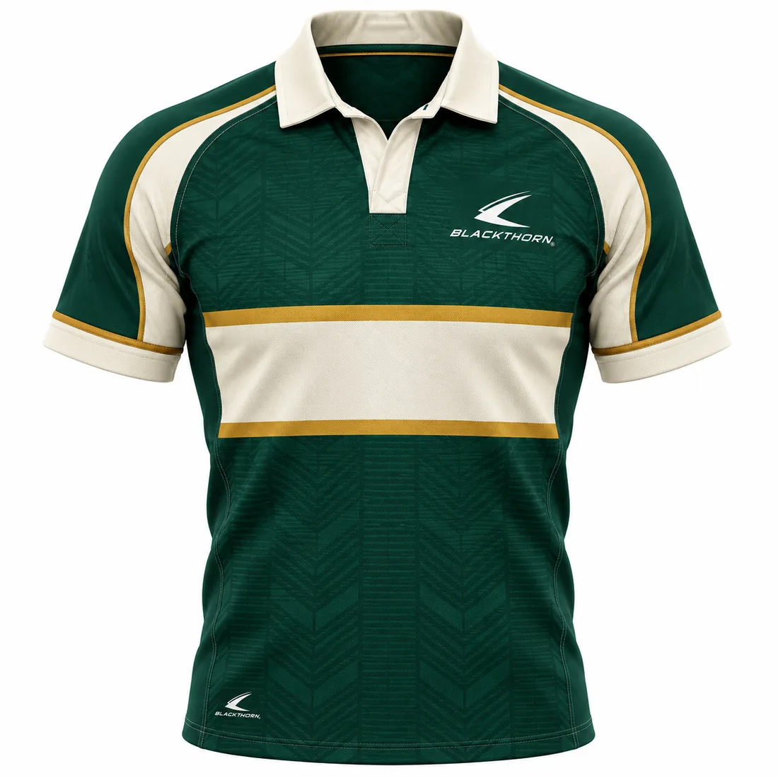 Emerald Heritage Rugby Jersey front view, bottle green with cream chest hoop and gold pinstripes - classic