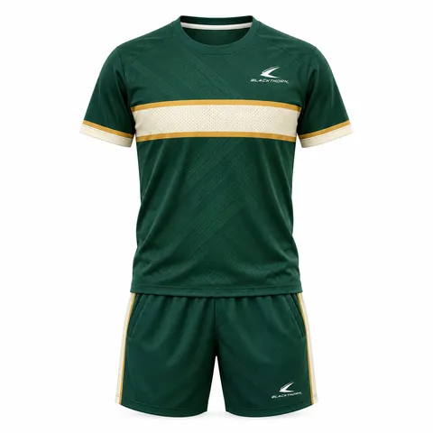 Emerald Heritage Pickleball Kit front view, bottle green tee and shorts with cream hoop, custom pickleball club kit