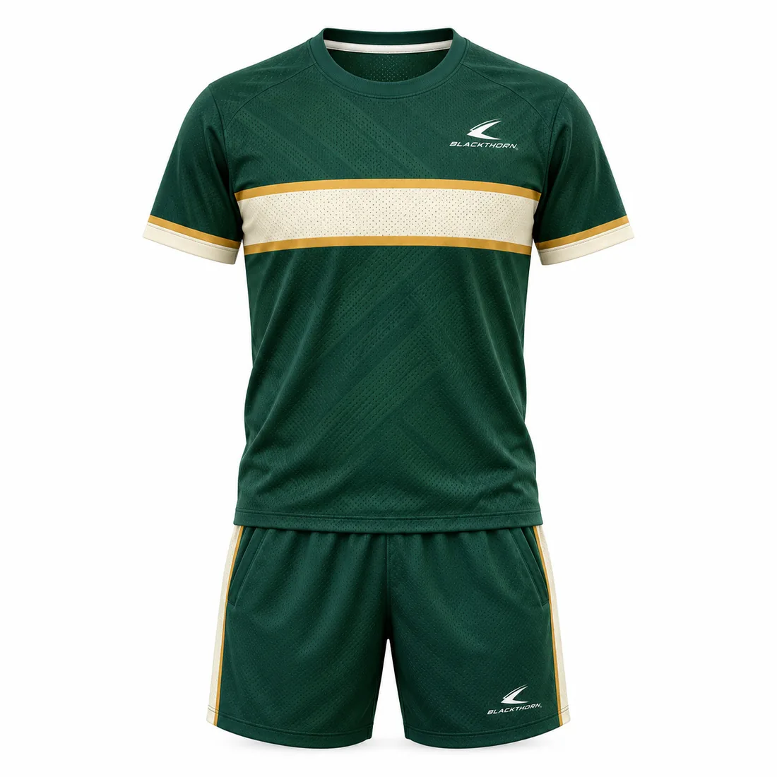 Emerald Heritage Pickleball Kit front view, bottle green tee and shorts with cream hoop, custom pickleball club kit