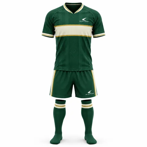 Emerald Heritage Retro Football Kit front view, green hoop jersey, shorts and socks, retro football kit maker