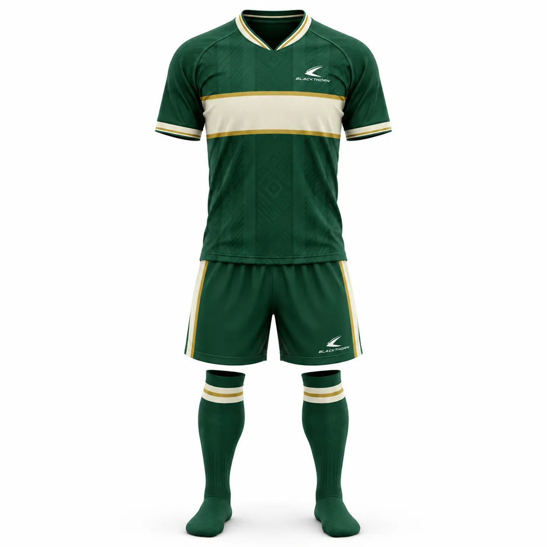Emerald Heritage Retro Football Kit front view, green hoop jersey, shorts and socks, retro football kit maker