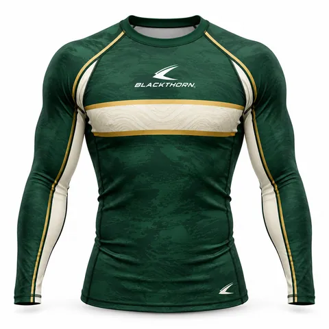 Emerald Heritage Retro Rash Guard front view, bottle green private label rash guard with cream chest hoop