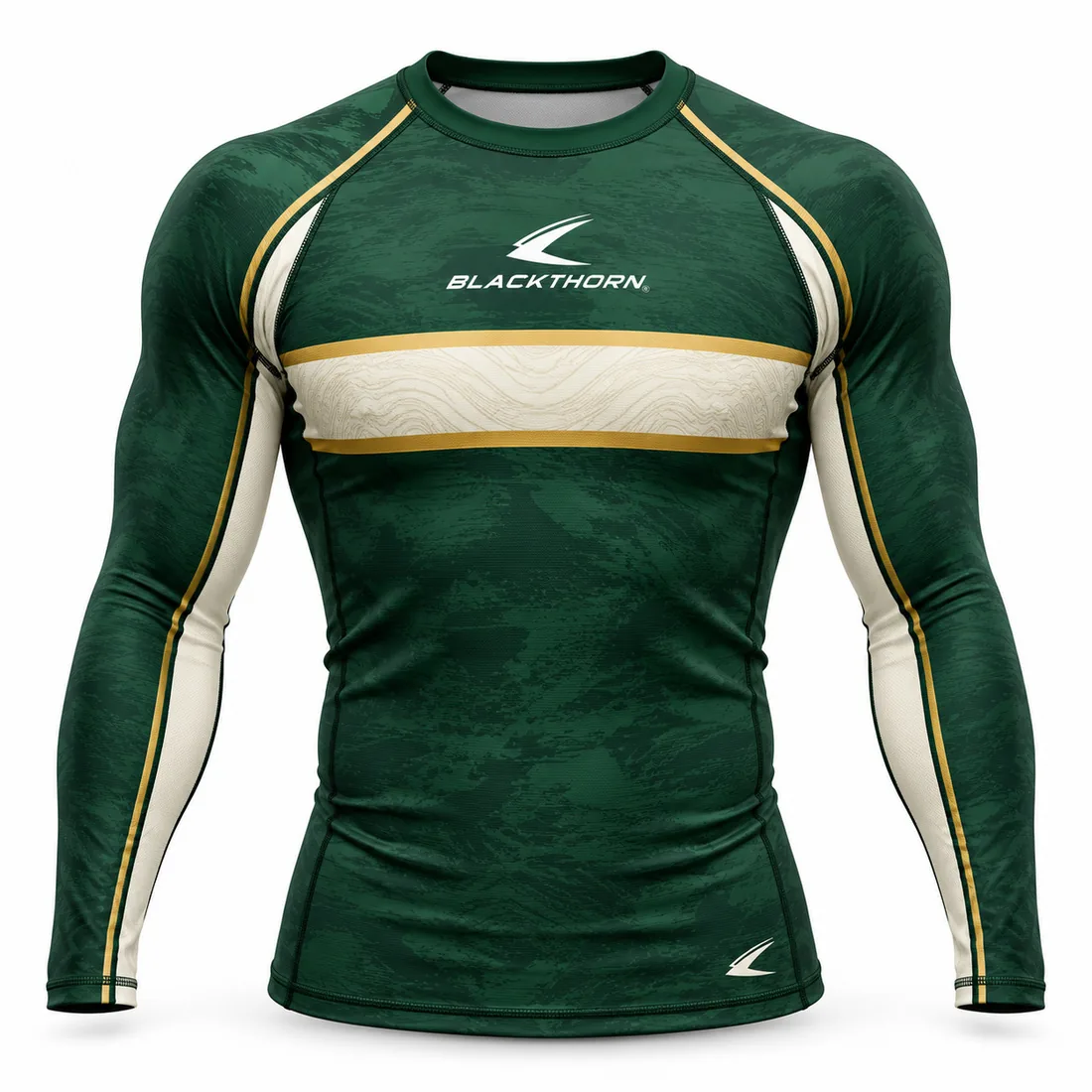 Emerald Heritage Retro Rash Guard front view, bottle green private label rash guard with cream chest hoop