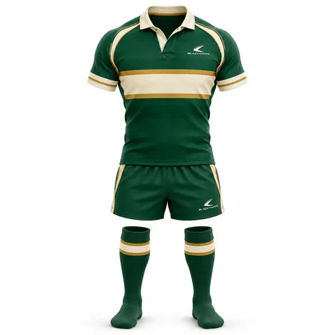 Emerald Heritage Rugby Kit front view, bottle green jersey with cream and gold hoop - retro rugby kit