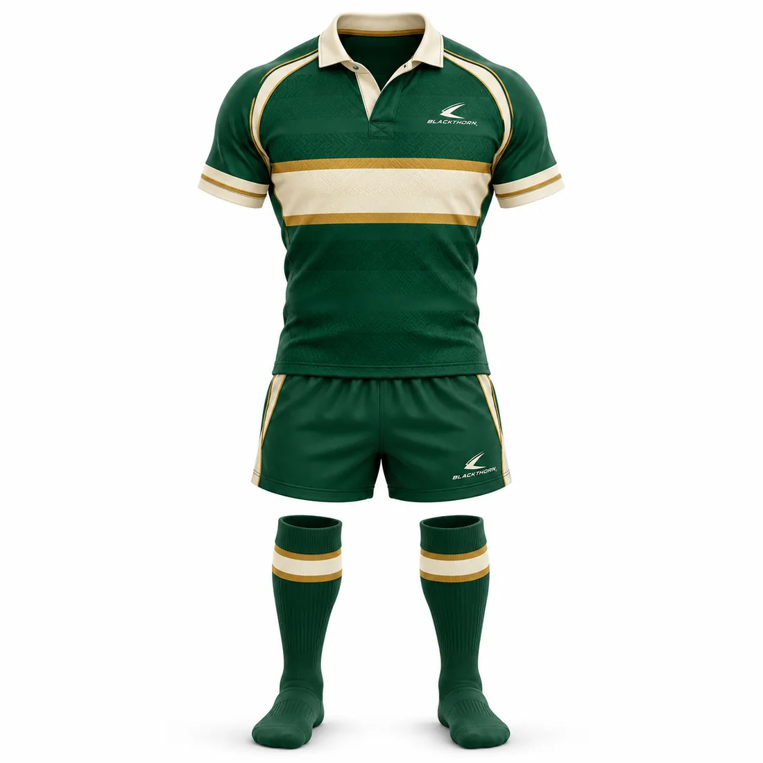 Emerald Heritage Rugby Kit front view, bottle green jersey with cream and gold hoop - retro rugby kit