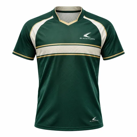 Emerald Heritage retro table tennis shirt front view, bottle green with cream chest hoop and gold pinstripes