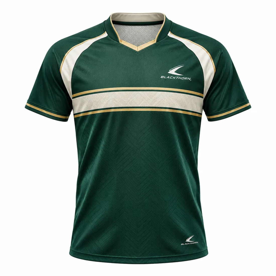 Emerald Heritage retro table tennis shirt front view, bottle green with cream chest hoop and gold pinstripes