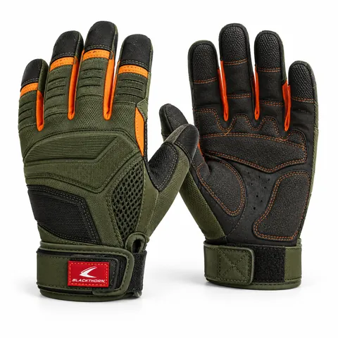 Forest Green & Blaze Orange Gloves, back and palm view with orange finger accents – bulk hunting gloves