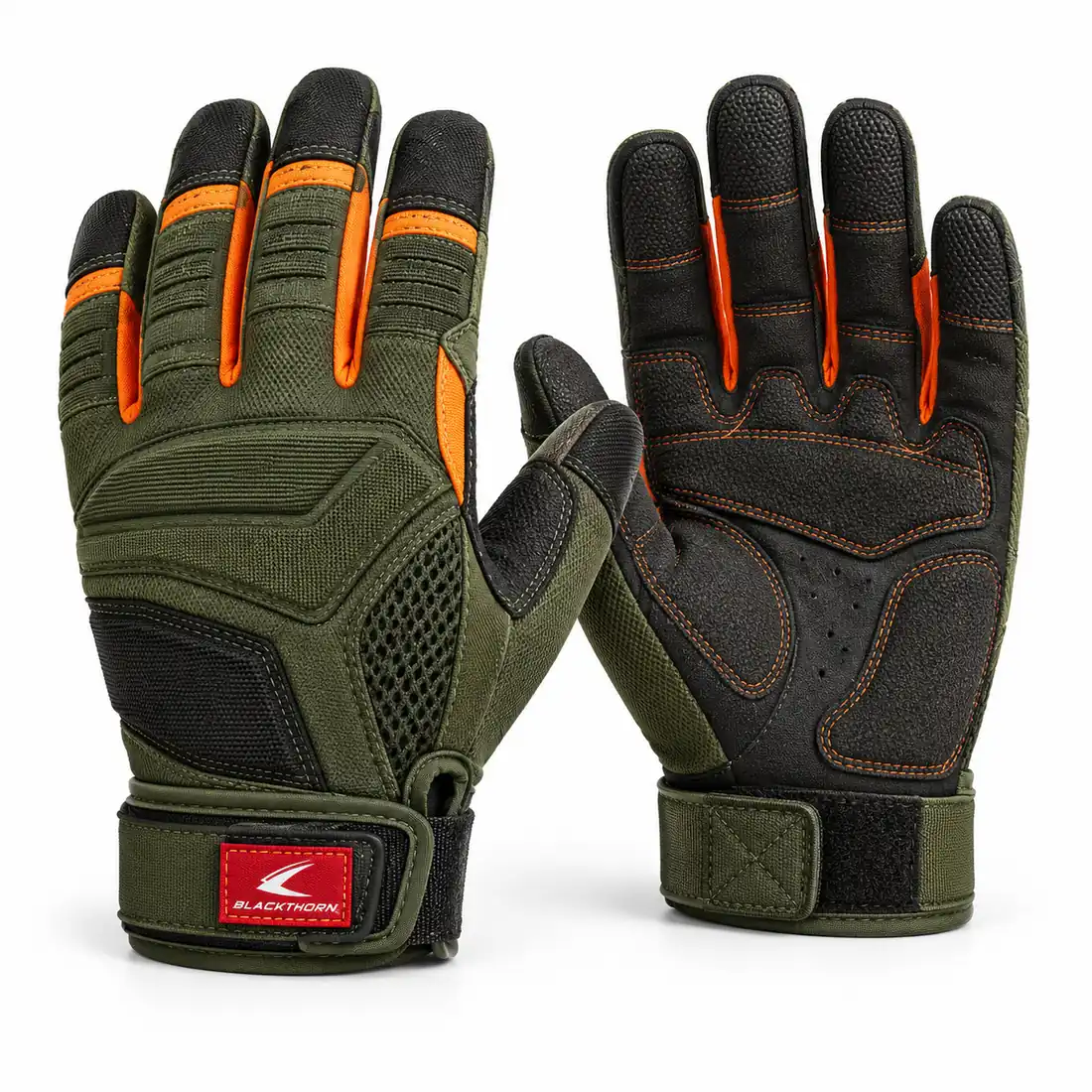 Forest Green & Blaze Orange Gloves, back and palm view with orange finger accents – bulk hunting gloves