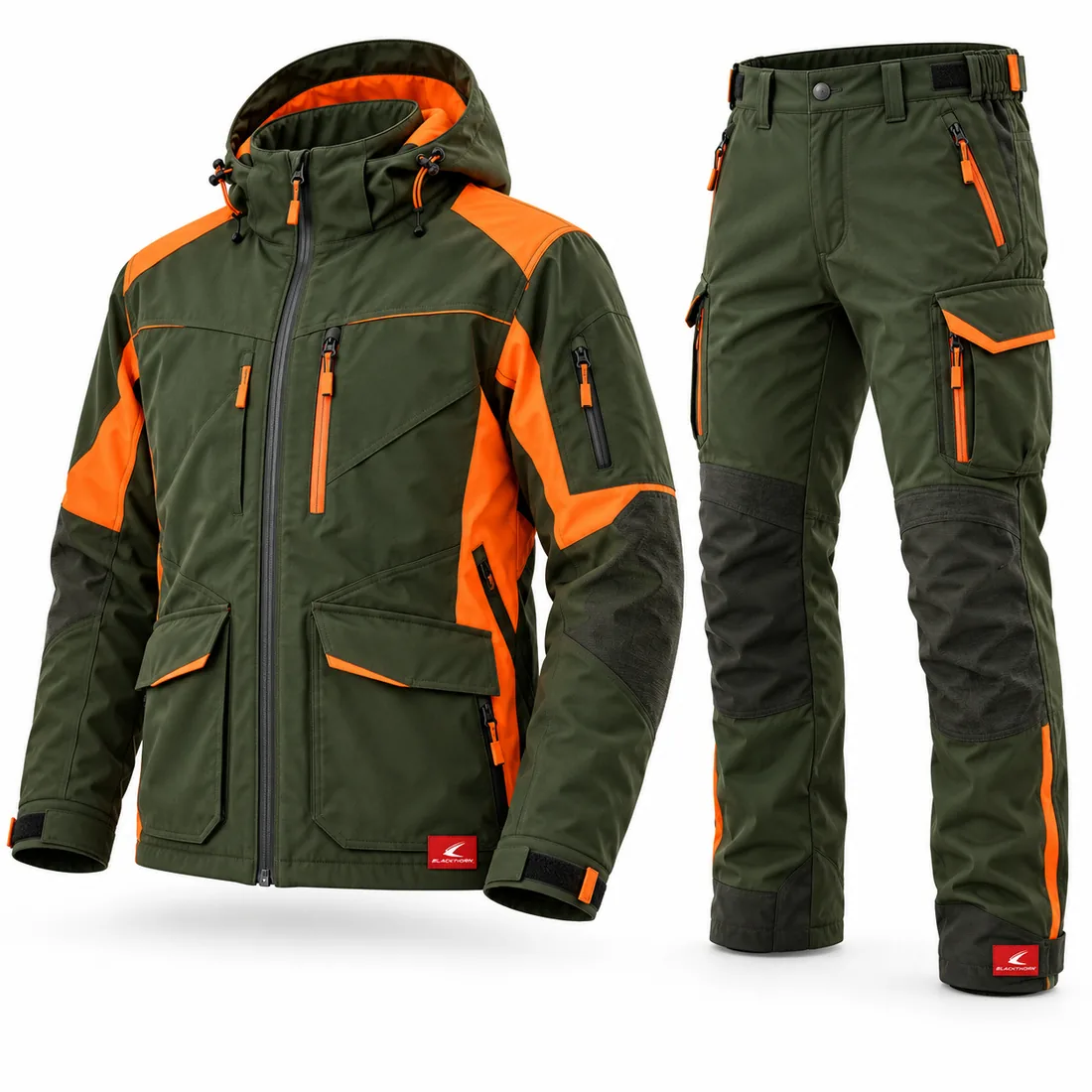 Forest Green & Blaze Orange Hunting Suit, front view of hooded jacket and trousers – custom hunting suit