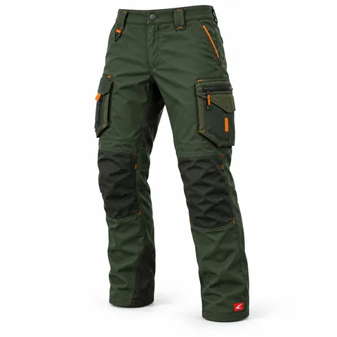 Forest Green & Blaze Orange Trousers, front view with orange pocket accents – bulk hunting trousers
