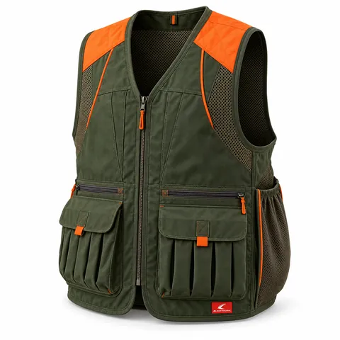 Forest Green & Blaze Orange Vest, front view with orange quilted shoulder and shell pockets – custom shooting vest