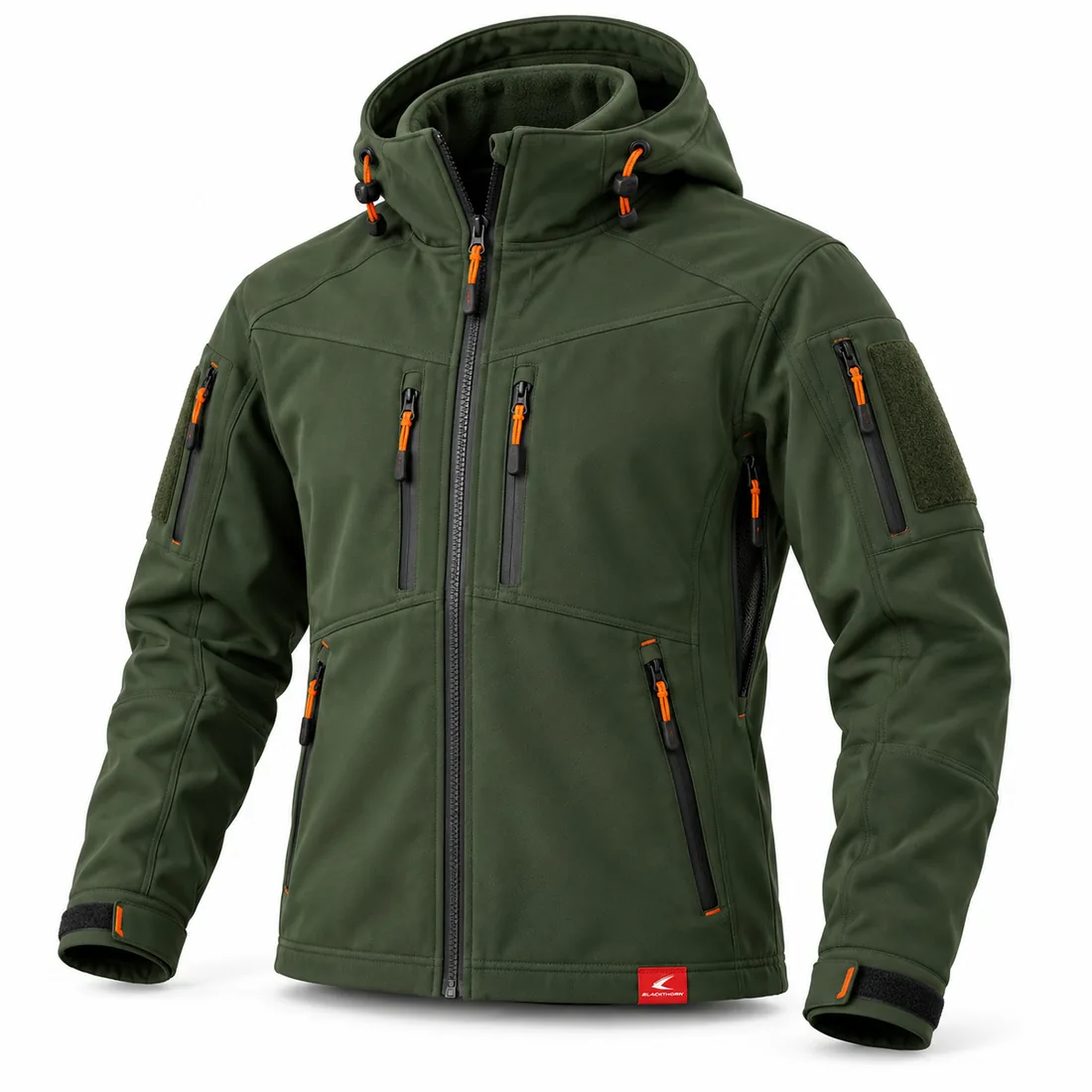 Forest Green & Blaze Orange Softshell, front view with orange zip pulls and hood – bulk hunting softshell jacket