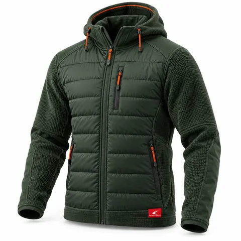 Forest Green & Orange Hooded Hybrid, front view, wholesale hooded hybrid hunting jacket with orange accents