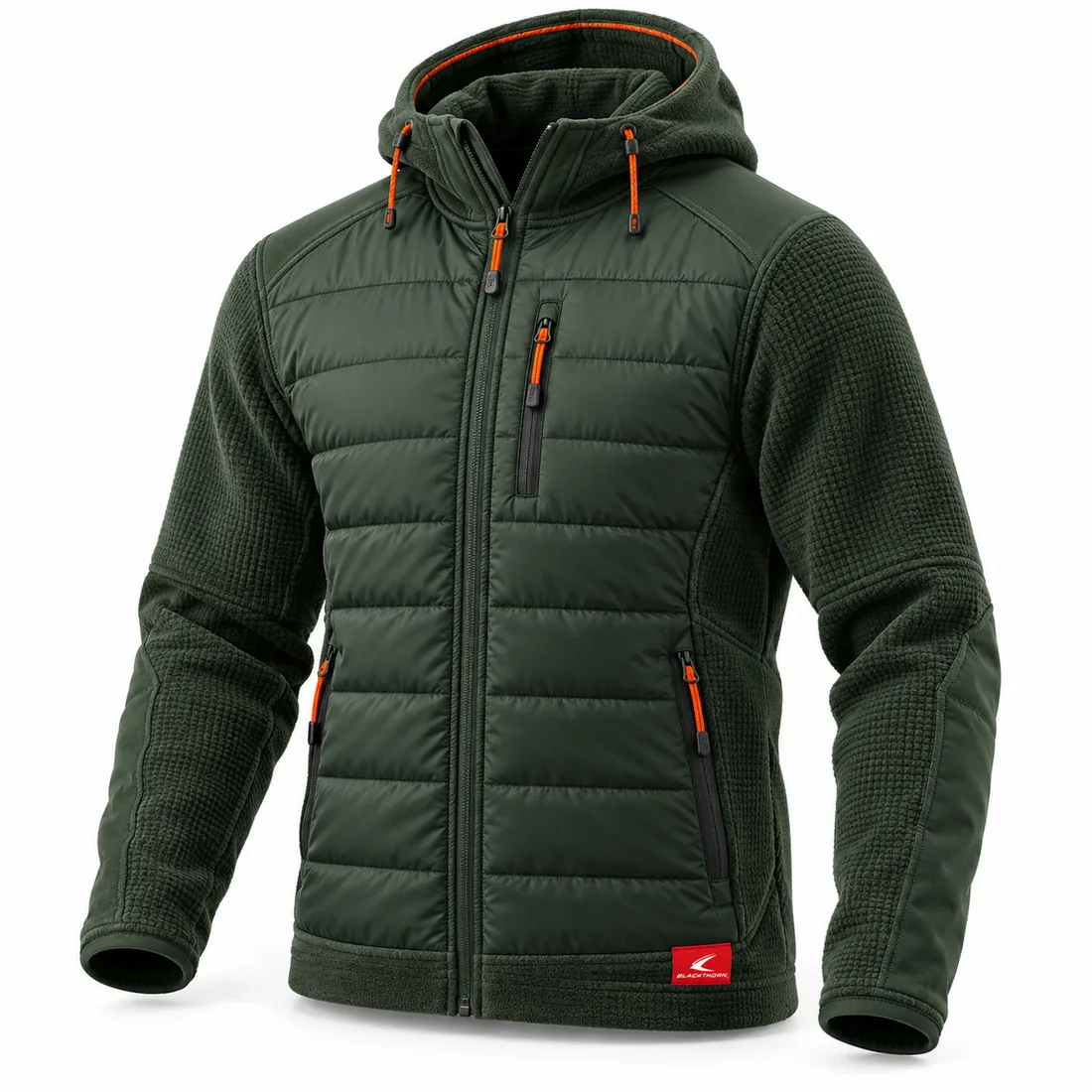 Forest Green & Orange Hooded Hybrid, front view, wholesale hooded hybrid hunting jacket with orange accents