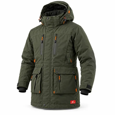 Forest Green Insulated Hunting Parka, front view, wholesale long insulated hunting parka with orange zip pulls