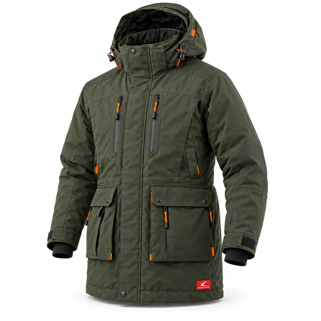 Forest Green Insulated Hunting Parka, front view, wholesale long insulated hunting parka with orange zip pulls