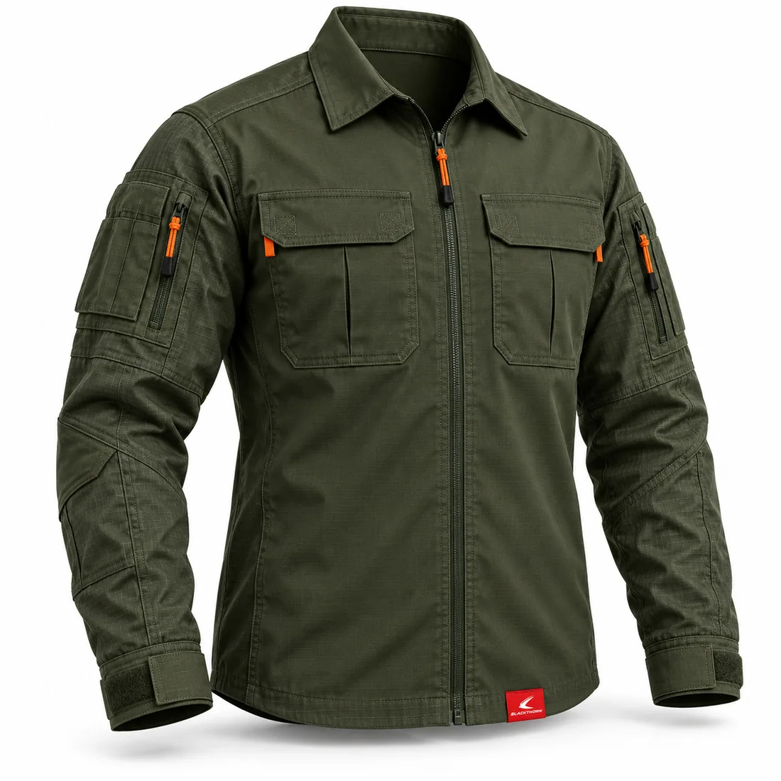 Forest Green Zip Field Overshirt, front view, bulk zip-front field overshirt with orange zip pulls