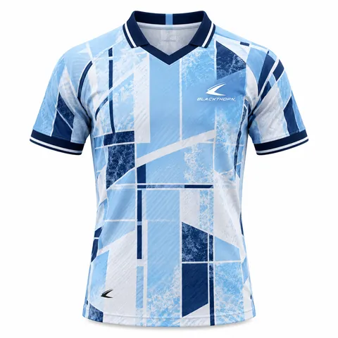 Glacier Grid Collared Jersey front view, sky blue and navy block shirt with polo collar, collared soccer jersey