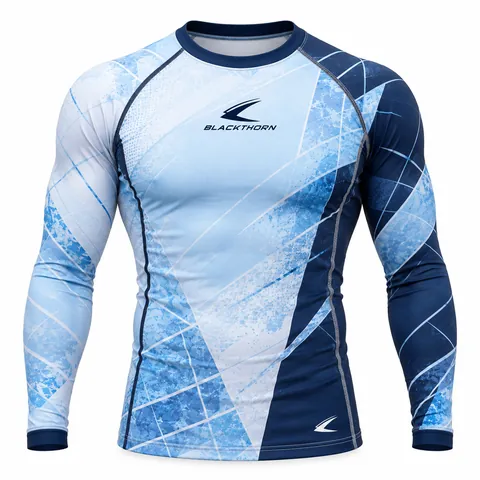 Glacier Grid Compression Rash Guard front view, ice-blue and navy bulk compression rash guard with geometric blocks