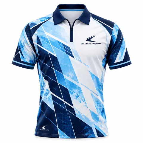 Glacier Grid Darts Shirt front view, sky blue, white and navy geometric blocks, darts shirt supplier