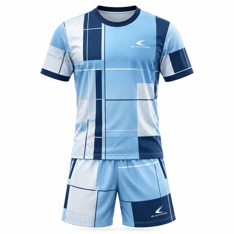 Glacier Grid Pickleball Set front view, sky blue tee and shorts with navy and white blocks, pickleball set supplier