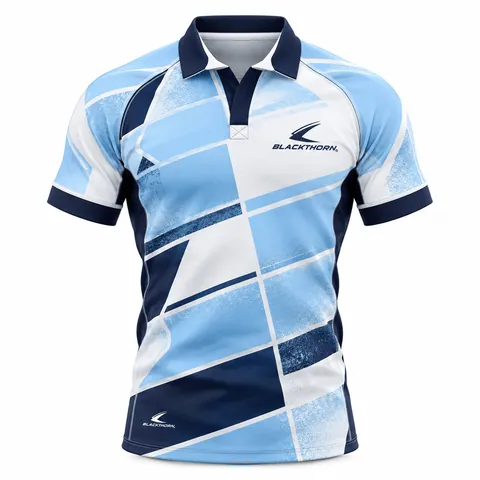 Glacier Grid Rugby Jersey front view, sky blue and white with navy geometric blocks and navy collar - bulk
