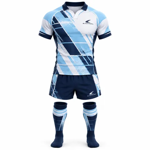Glacier Grid Rugby Kit front view, sky blue and navy block jersey, navy shorts and hooped socks - bulk