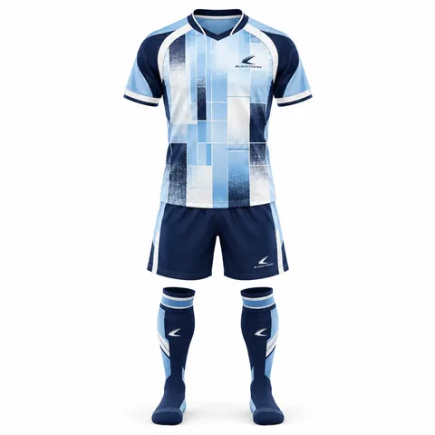 Glacier Grid Soccer Kit front view, sky blue and navy block jersey, navy shorts and socks, bulk soccer kits