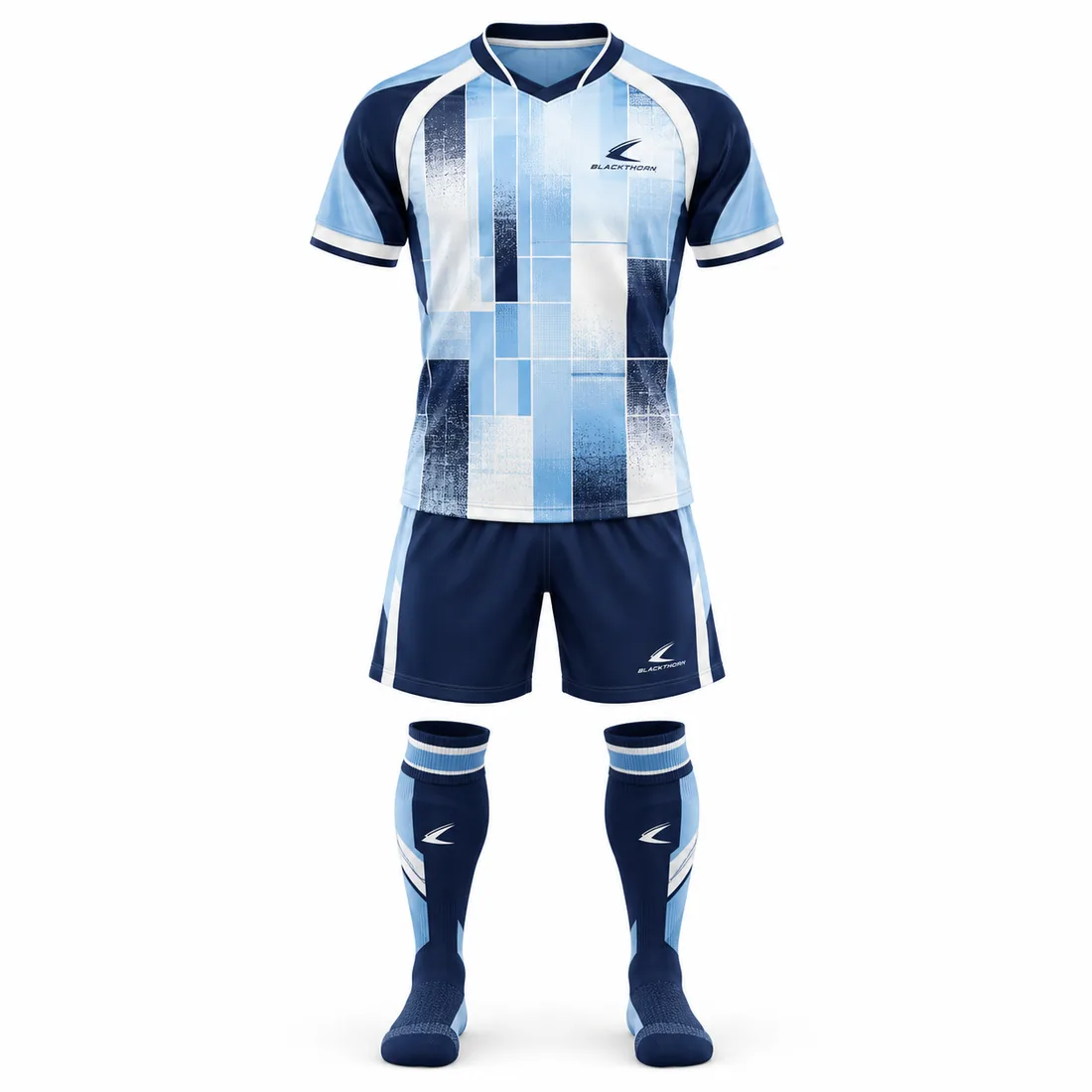 Glacier Grid Soccer Kit front view, sky blue and navy block jersey, navy shorts and socks, bulk soccer kits