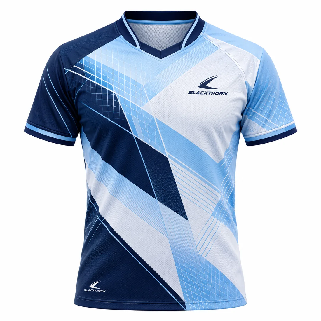 Glacier Grid table tennis uniform front view, sky blue, white and navy blocks, custom table tennis uniform