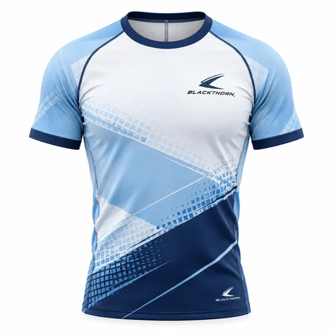 Glacier Grid rowing top front view, white chest, sky-blue sleeves and navy grid fade, bulk rowing tops