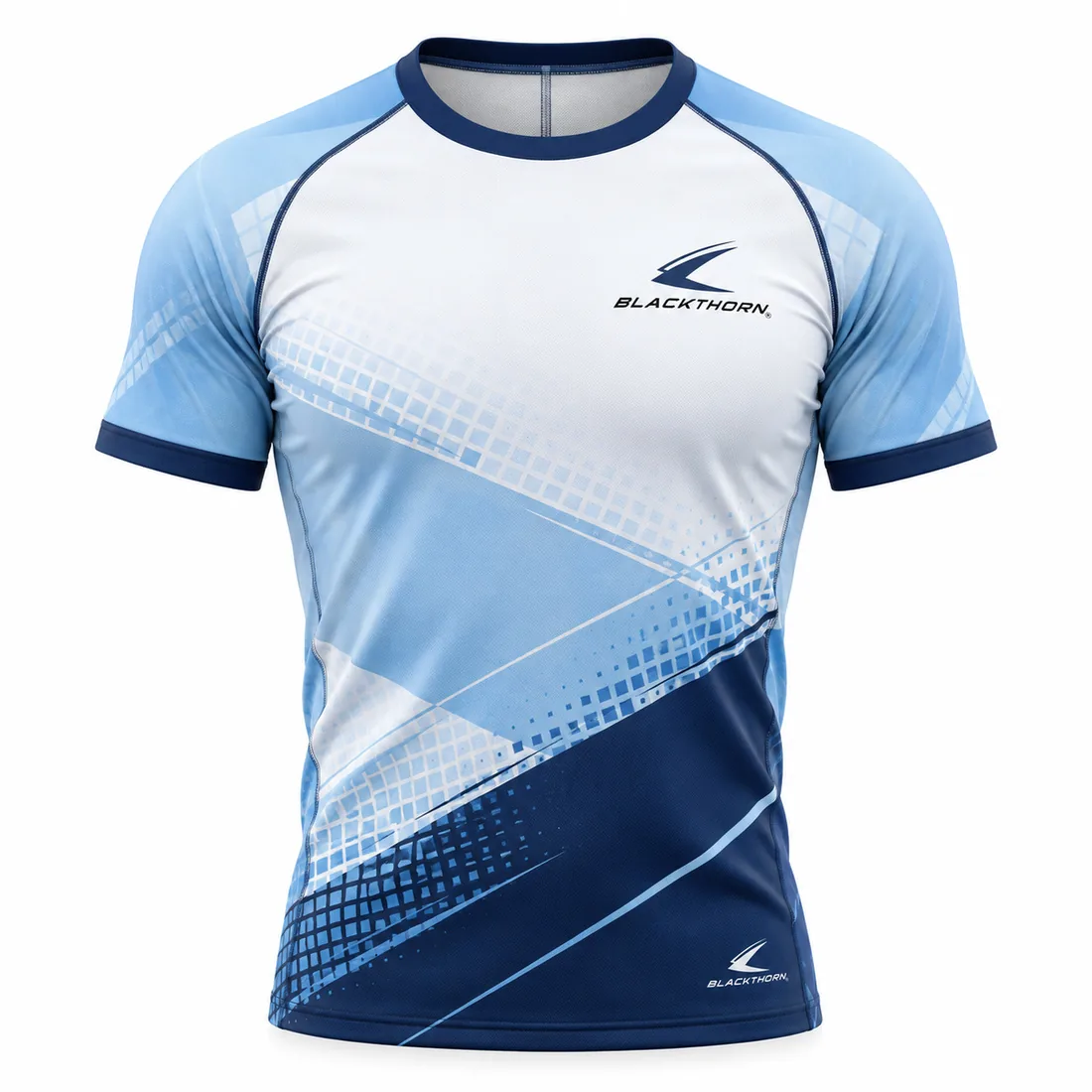 Glacier Grid rowing top front view, white chest, sky-blue sleeves and navy grid fade, bulk rowing tops