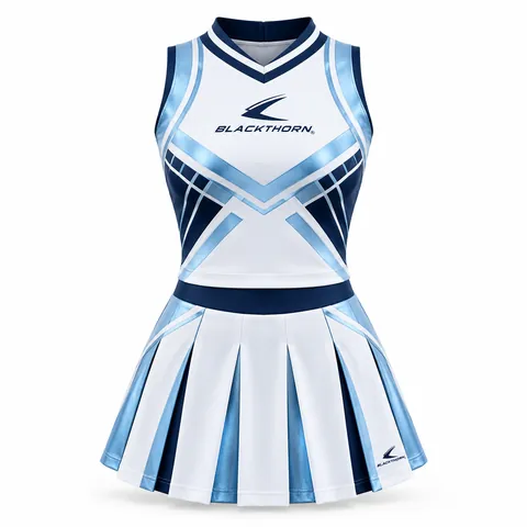 Glacier Grid White Cheer Uniform front view, white and navy private label cheer uniform with pleated skirt