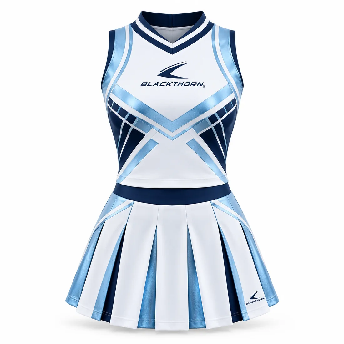Glacier Grid White Cheer Uniform front view, white and navy private label cheer uniform with pleated skirt