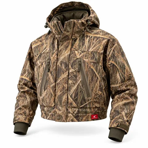 Marsh Grass Camo Duck Hunting Jacket, front view, OEM insulated waterfowl jacket in marsh camo