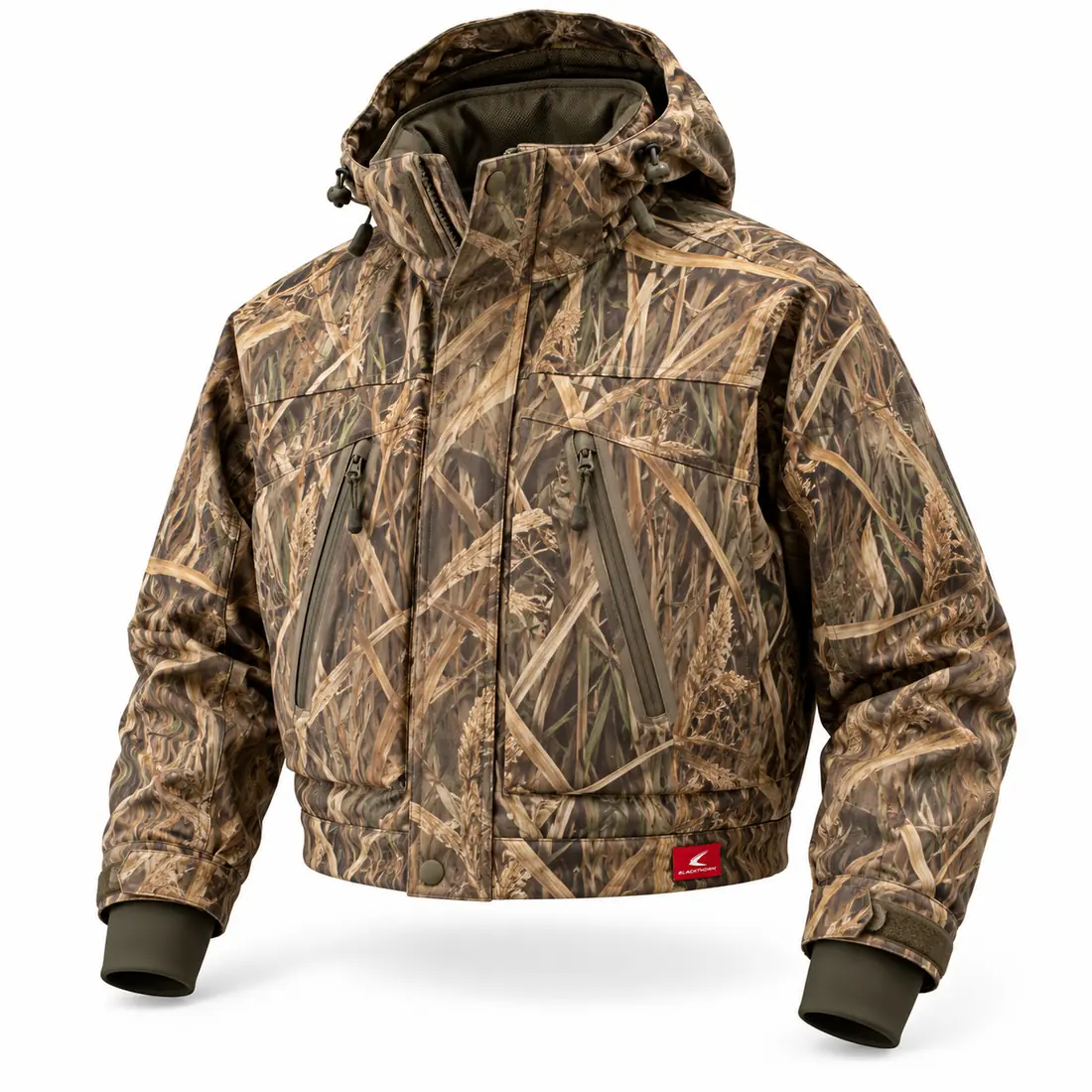 Marsh Grass Camo Duck Hunting Jacket, front view, OEM insulated waterfowl jacket in marsh camo