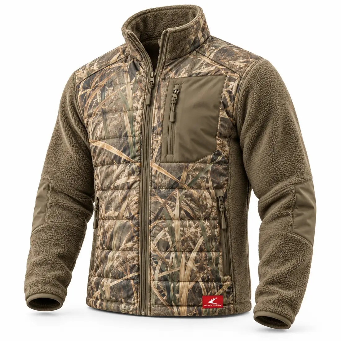 Marsh Grass Camo High-Pile Fleece Jacket, front view, high-pile fleece camo jacket manufacturer