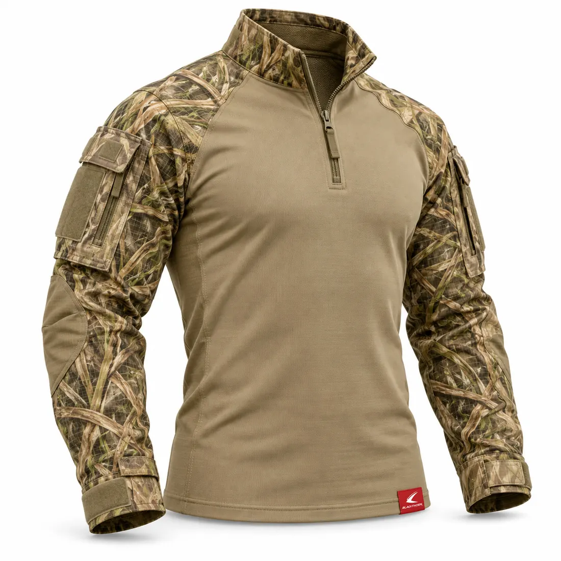 Marsh Grass Camo Sleeve Hunting Shirt, front view, custom quarter-zip camo hunting shirt manufacturer