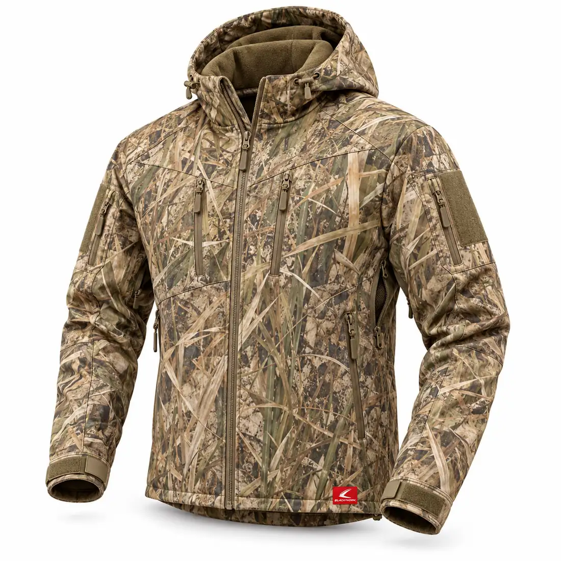 Marsh Grass Camo Hooded Softshell, front view with fleece-lined hood – waterfowl softshell jacket manufacturer