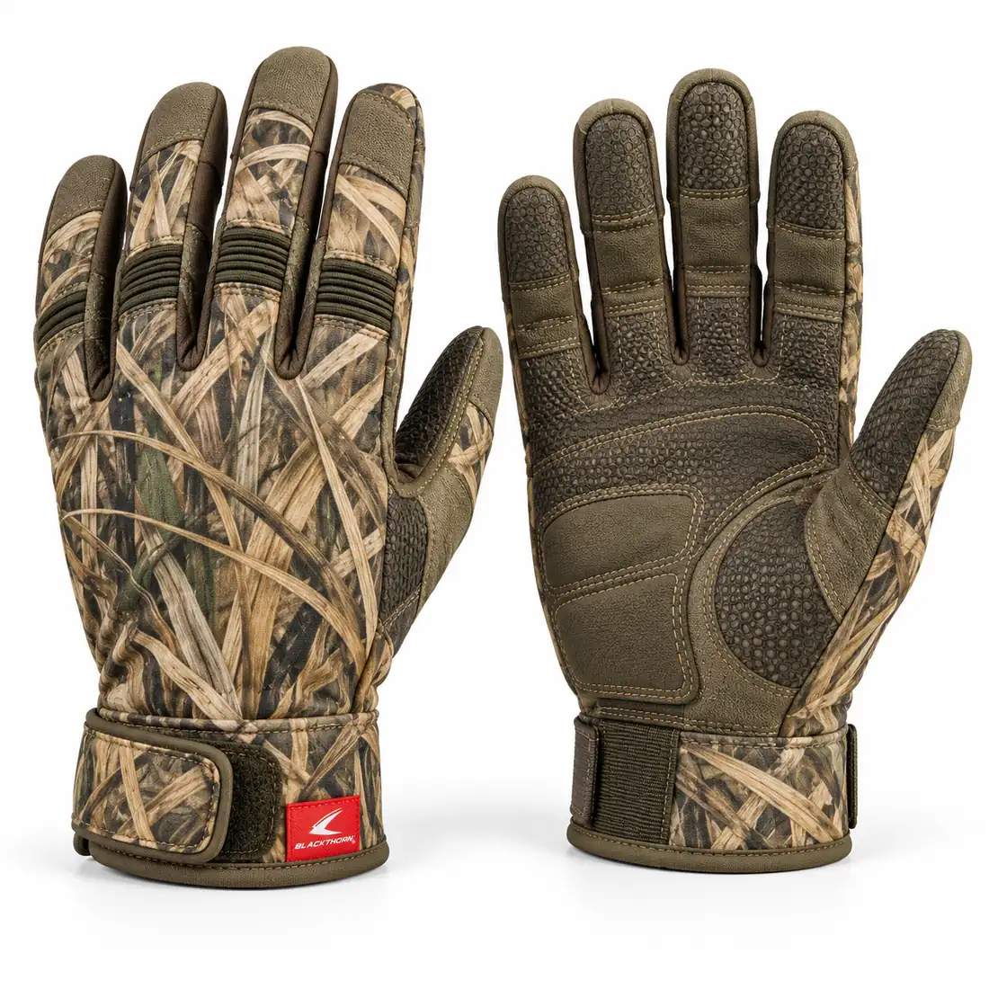 Marsh Grass Camo Shooting Gloves, back and palm view in reed camouflage – waterfowl shooting gloves manufacturer