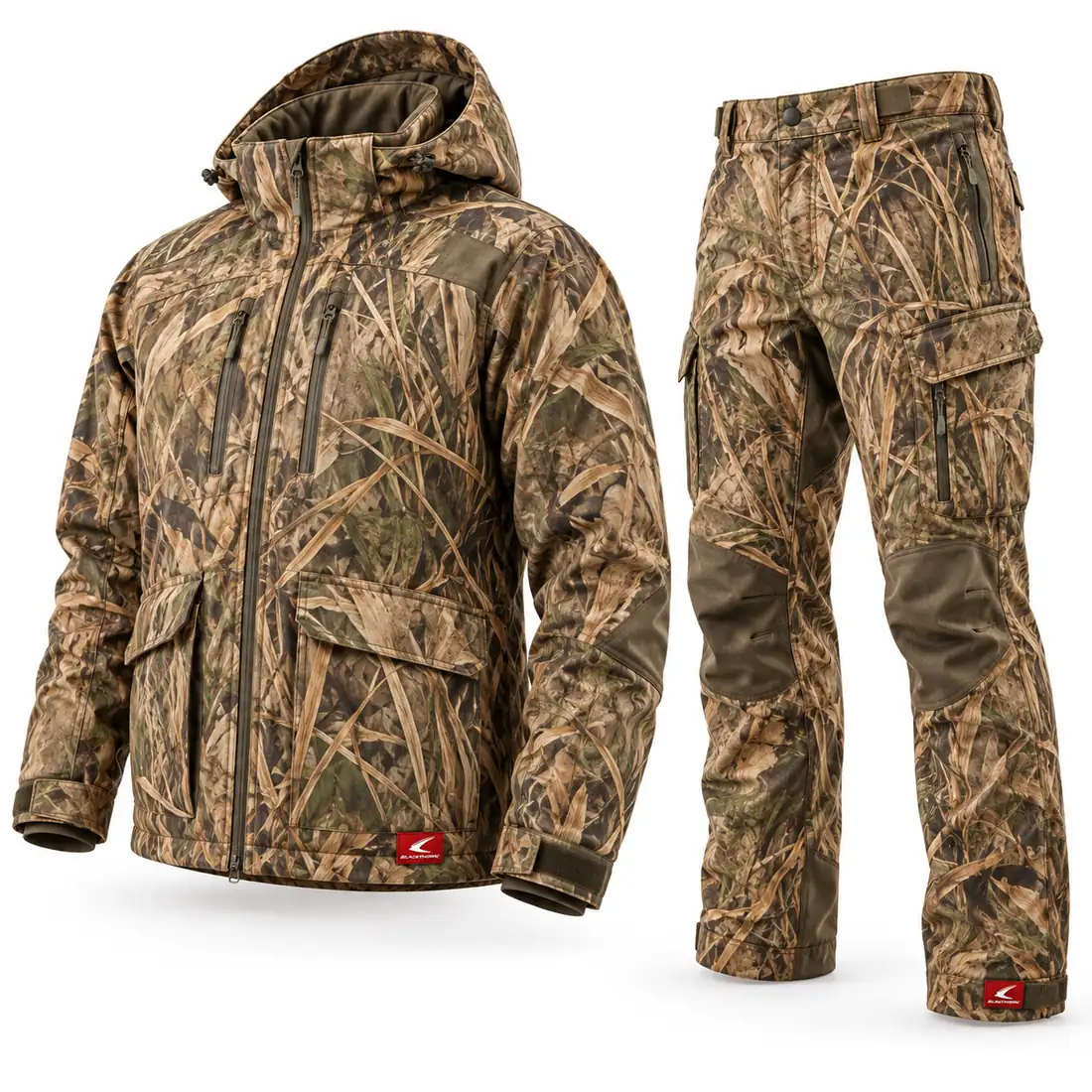 Marsh Grass Camo Hunting Suit, front view of hooded jacket and trousers – bulk waterfowl hunting suit