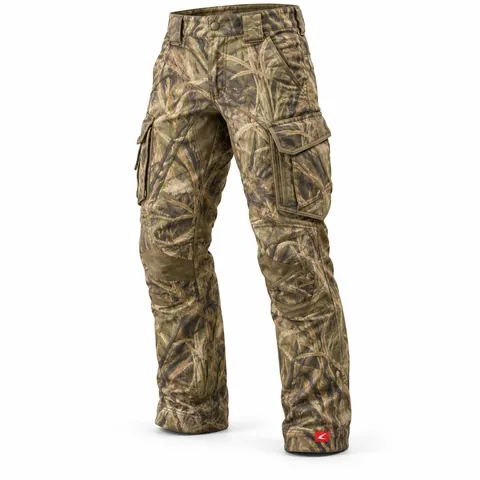 Marsh Grass Camo Trousers, front view in tan and olive reed camouflage – waterfowl hunting trousers manufacturer