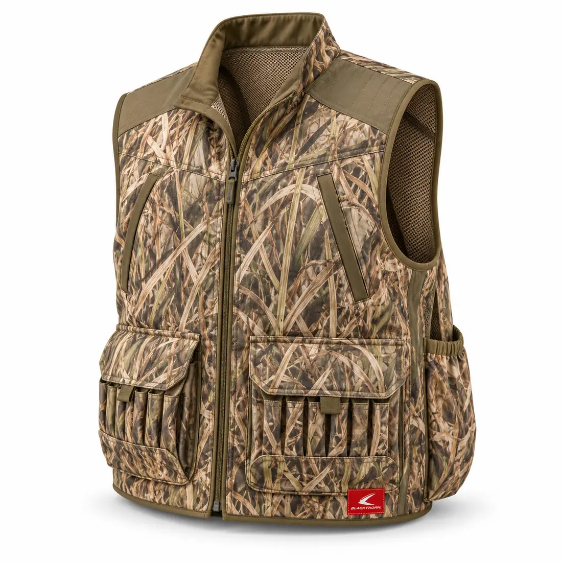 Marsh Grass Camo Waterfowl Vest, front view with olive yokes and shell loops – bulk waterfowl hunting vest