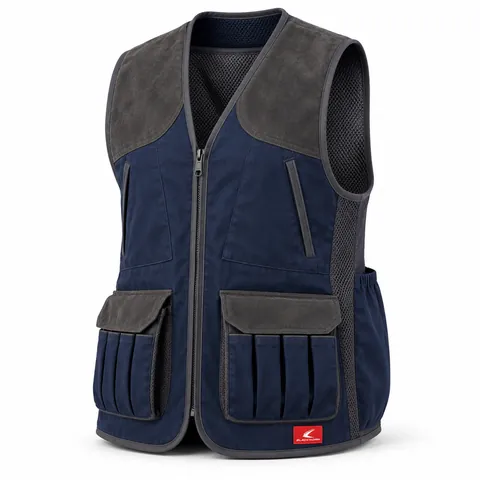 Navy & Graphite Clay Vest, front view with graphite shoulder yokes and shell pockets – clay shooting vest supplier